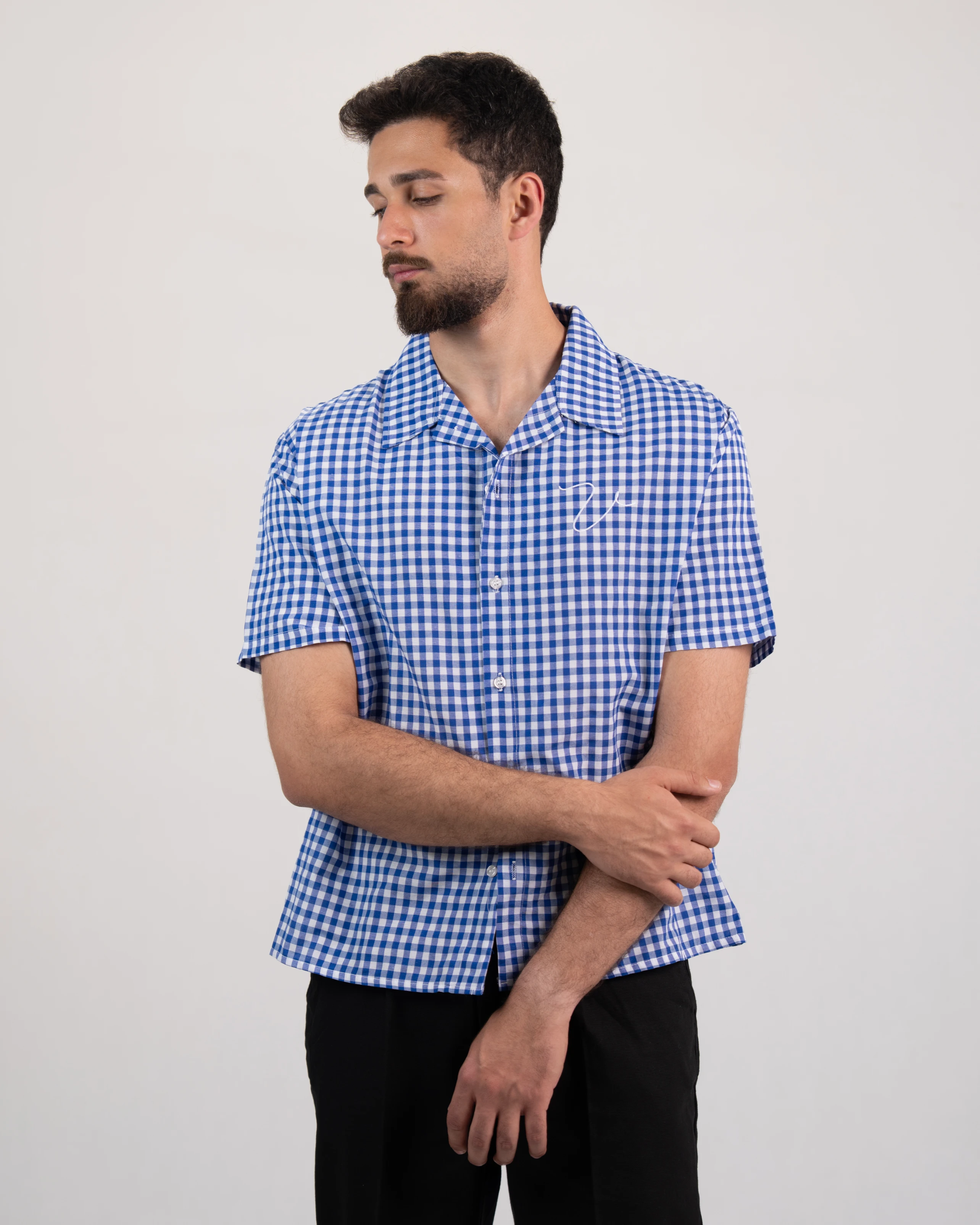 Short sleeve Vichy-check pattern embroidered